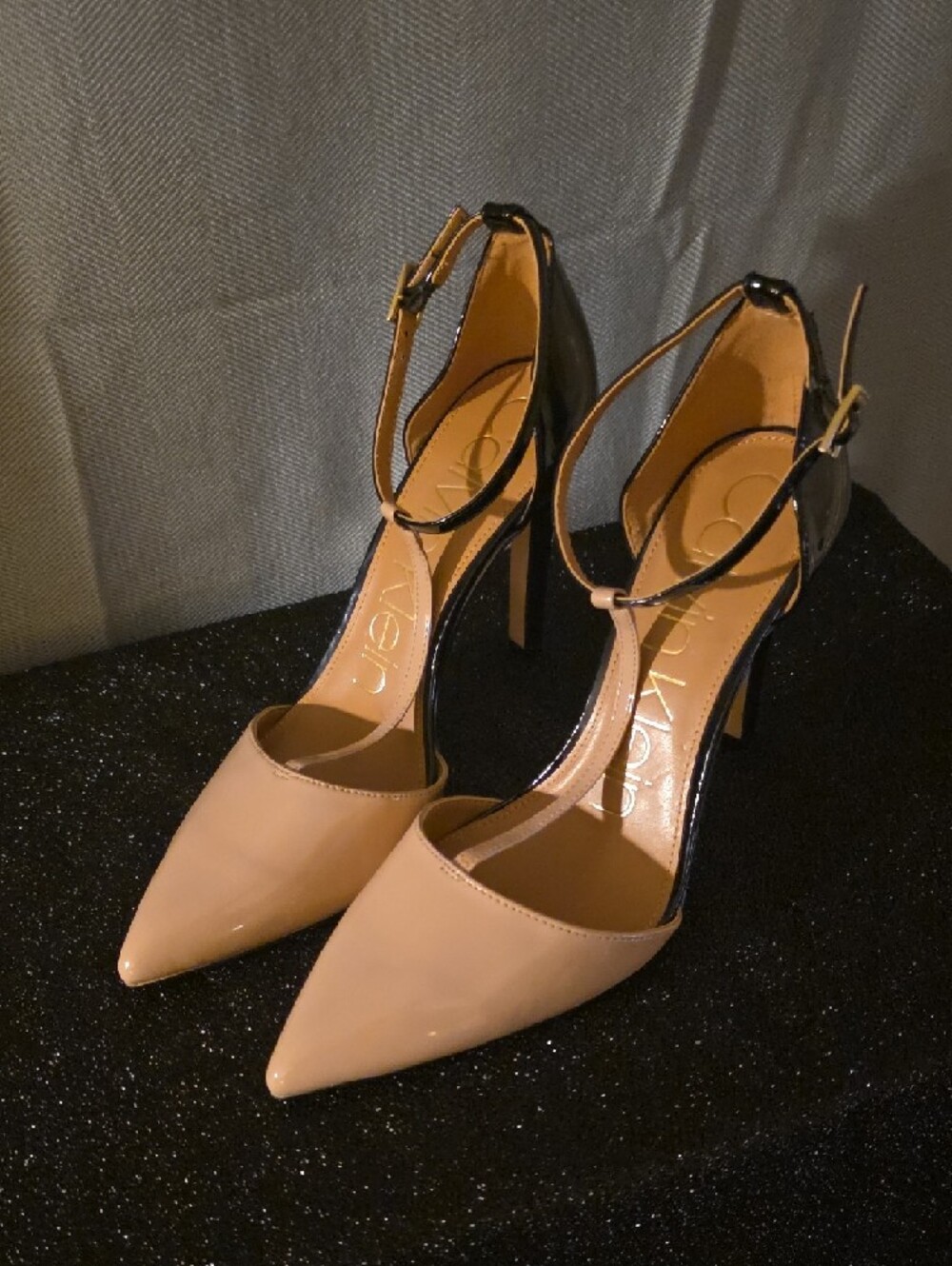 Calvin Klein Beige Patent Pointed-Toe T-Strap Heels - Picture 2 of 5